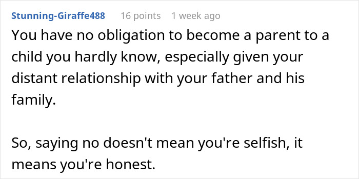 ALT text: Comment about lady refusing to be future caregiver for autistic stepbrother due to distant family relationship