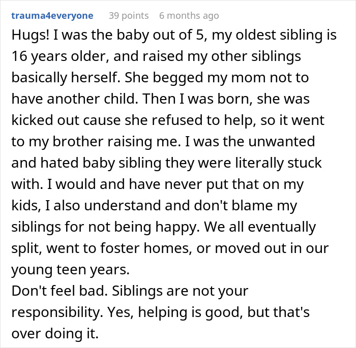 Comment about 16YO twins missing out on being teens due to parents always expecting them to babysit younger siblings.