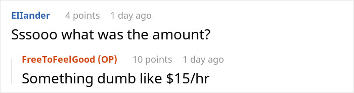 Reddit conversation about babysitter wages with user questioning pay and original poster mentioning $15 per hour rate.