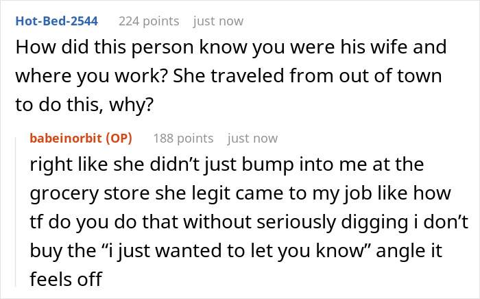 Online discussion about wife’s surprise visitor at work and woman claiming pregnancy after husband’s boys’ weekend. - 16