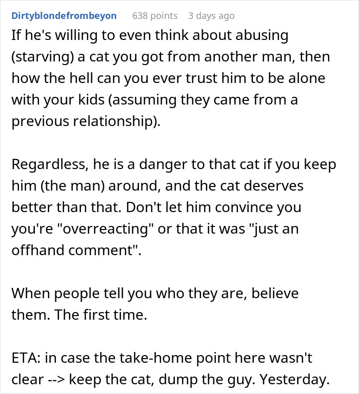 Screenshot of a Reddit comment discussing a guy fussing over a cat given to his girlfriend by another man and relationship issues. Screenshot of a Reddit comment discussing a guy fussing over a cat given to his girlfriend by another man and relationship issues.