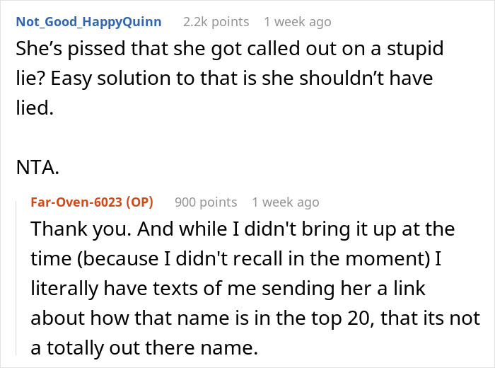 Reddit comments showing a woman defending her role in choosing her baby&rsquo;s name against mother-in-law&rsquo;s false claim.