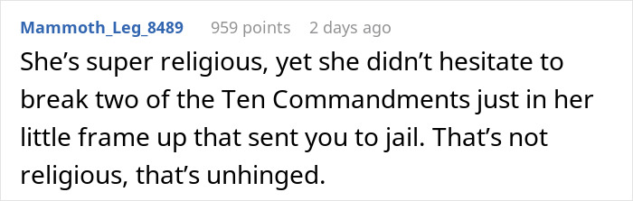 Screenshot of a Reddit comment discussing a religious person accused of breaking commandments, highlighting domestic violence themes.