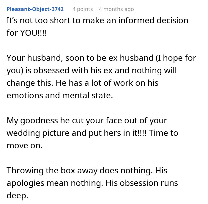 Text discussing divorce due to husband's obsession with his ex, emotional struggles, and relationship challenges. Text discussing divorce due to husband's obsession with his ex, emotional struggles, and relationship challenges.