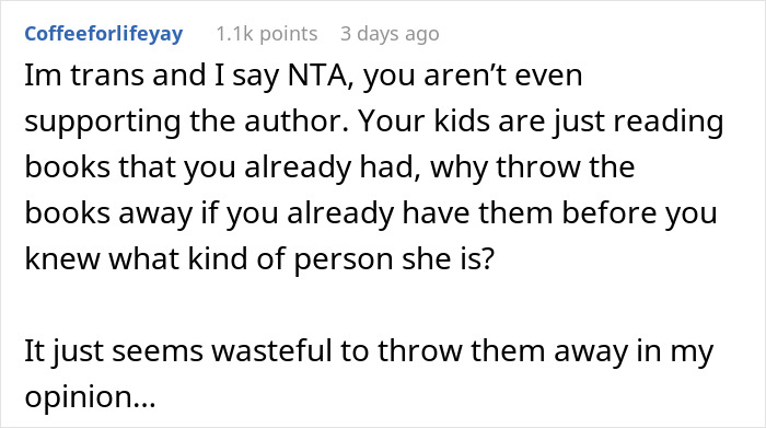 Comment discussing family conflict over giving kids Harry Potter books and labeling someone a bigoted and hateful person.