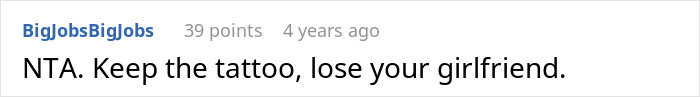 Screenshot of an online comment stating "NTA. Keep the tattoo, lose your girlfriend" about a tattoo of a late son's name.