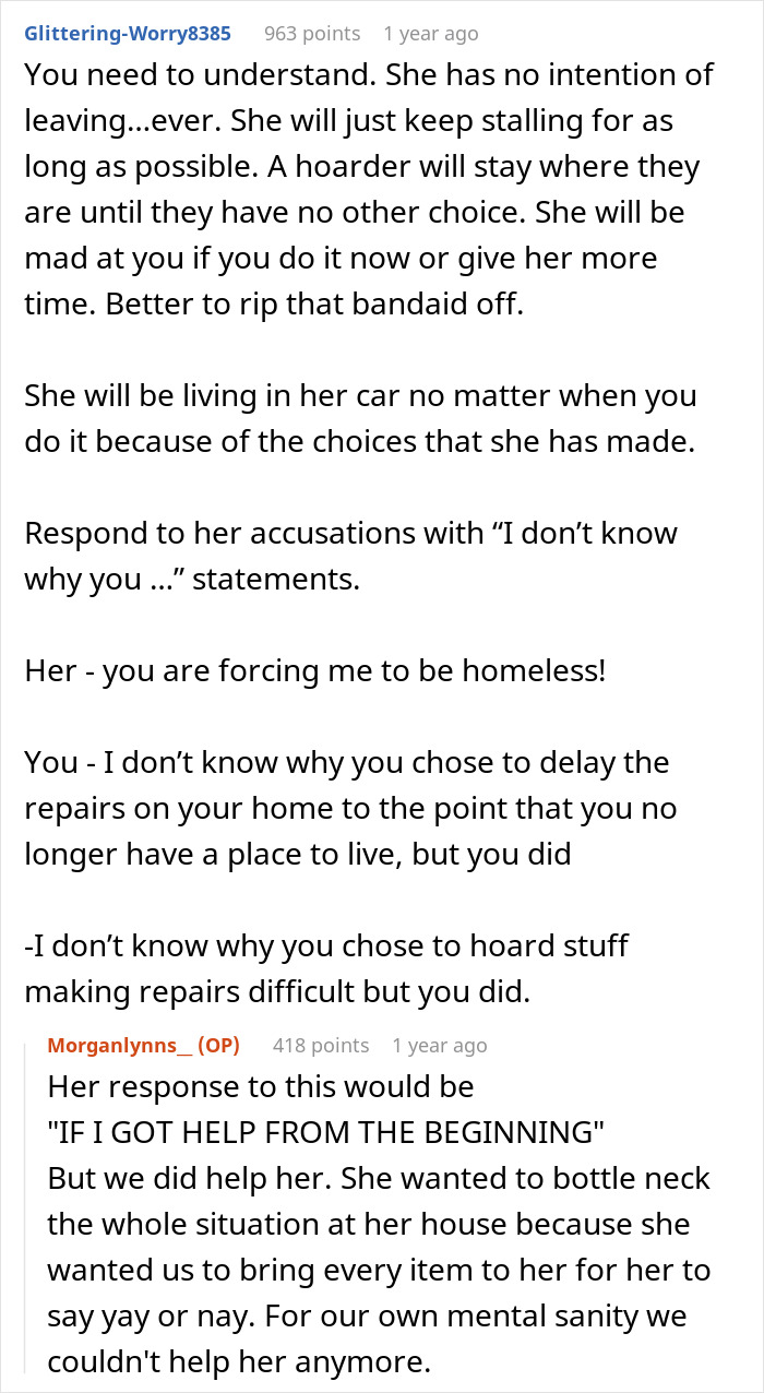Comment discussing a hoarder MIL squatting in couple&rsquo;s inherited home causing legal eviction plans.