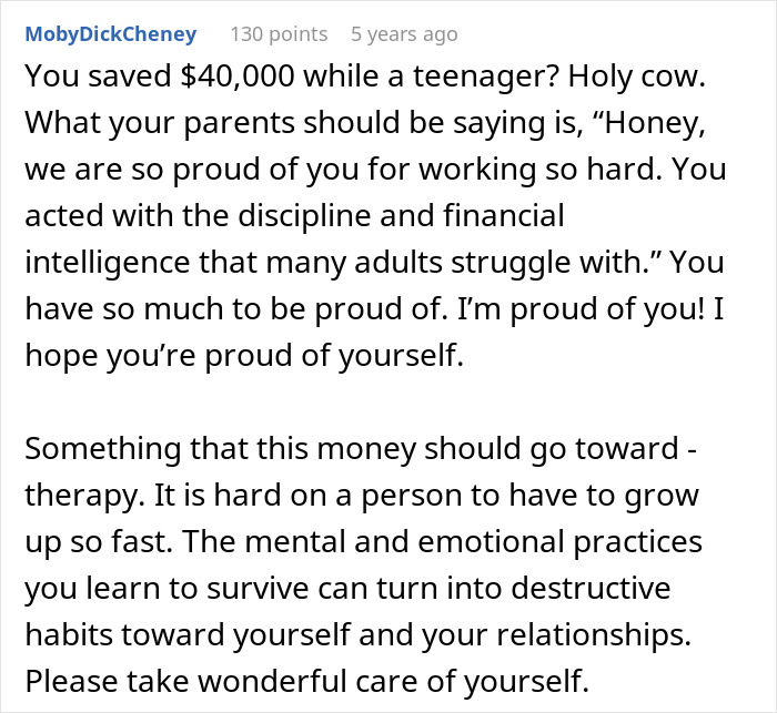 Commenter praises a woman&rsquo;s financial discipline and resilience after parents claim her entire savings is rightfully theirs.