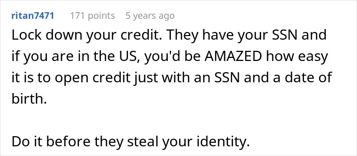 Alt text: User warning about protecting savings and identity theft related to family claims on finances and credit.