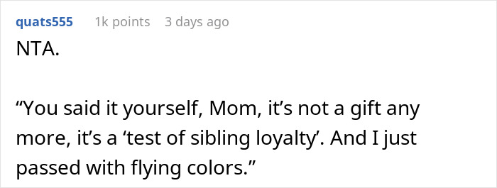 Screenshot of a Reddit comment discussing a woman refusing a Christmas gift trip if siblings pay for her flight.