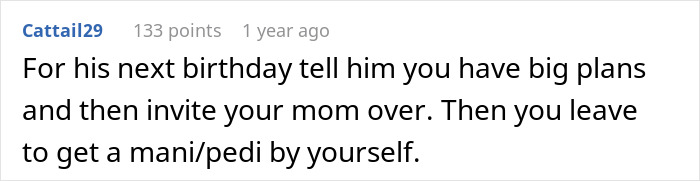 Screenshot of a comment suggesting a birthday surprise for wife, referencing a husband’s birthday surprise and therapy after 19 years. - 23