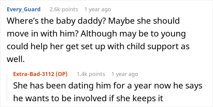 Social media discussion about teen insisting on keeping her baby and conflict with baby dad over support.