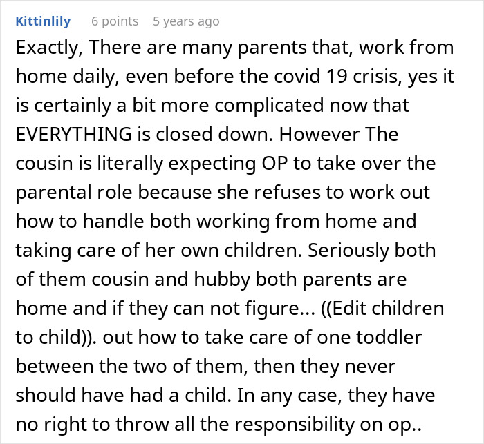 Comment discussing woman expecting cousin to babysit instead of attending school, showing frustration and parenting challenges.