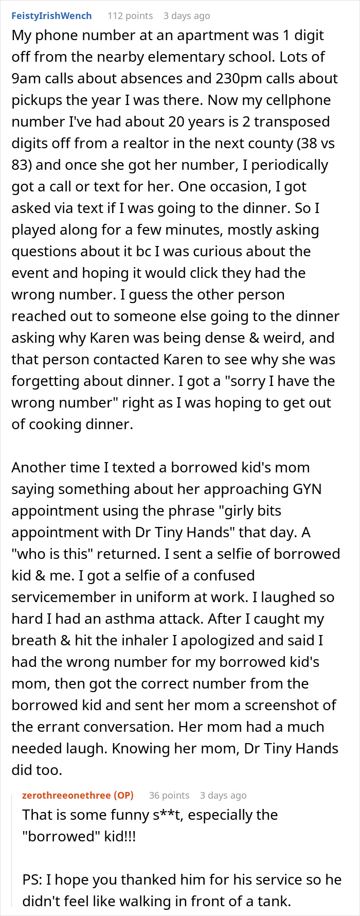 Text conversation about man receiving calls meant for a doctor and booking appointments without changing his number.