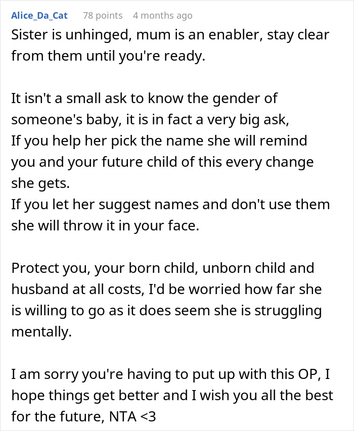 Comment discussing a mom of 6 boys obsessed with knowing if her sister is expecting a girl and issues around baby gender. - 23