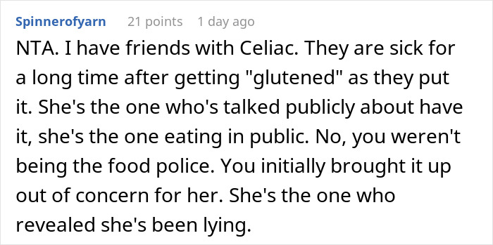 Comment discussing a worker calling out gluten-free colleague at a pizza party amid concerns about Celiac disease. Comment discussing a worker calling out gluten-free colleague at a pizza party amid concerns about Celiac disease.