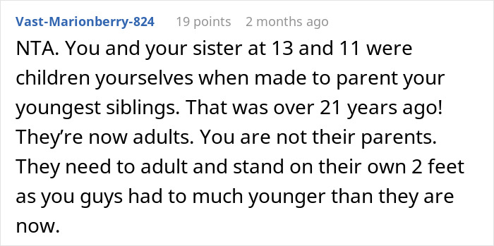Comment explaining siblings and sister were children when made to parent younger siblings, highlighting relationship dynamics with mom.