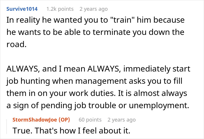 User comment thread discussing job training leading to job trouble, related to guy clapping back with 2 weeks notice before PTO.