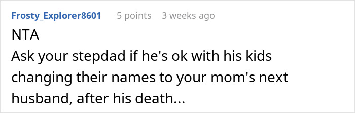Screenshot of an online comment discussing a teen wanting to keep their late father's last name while the mother is upset.