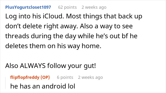 Forum comments about strange text from fianc&eacute; sparking mom-to-be's suspicion and friends advising to trust her gut feeling.