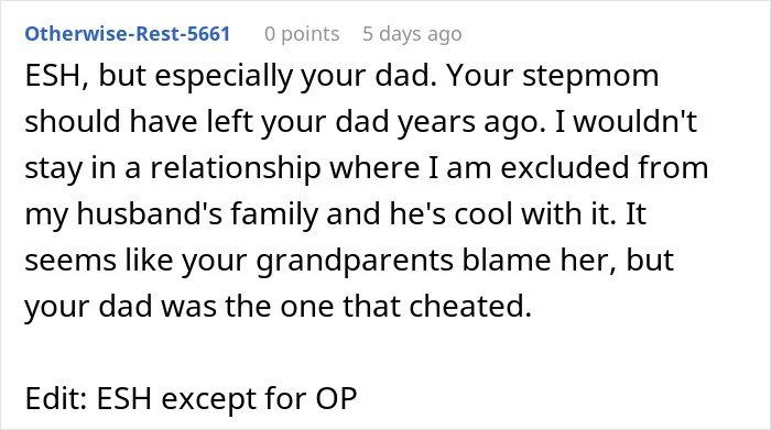 Screenshot of an online comment discussing a woman explaining her dad&rsquo;s affair baby and grandparents&rsquo; estrangement.