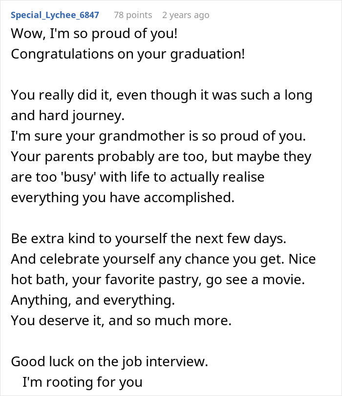 Alt text: Supportive message praising graduate&rsquo;s hard journey and encouraging self-care after feeling crushed by mom&rsquo;s doubt