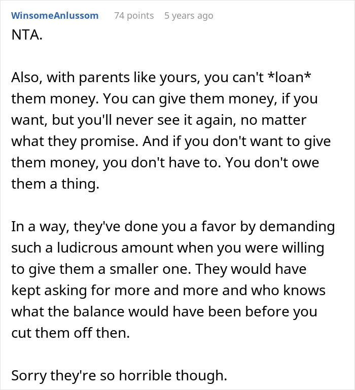 Comment text explaining refusal to hand over entire savings after parents claim it&rsquo;s rightfully theirs on a forum.