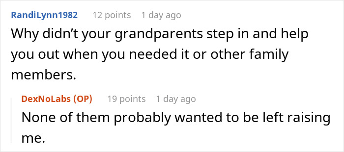 Reddit user discussing neglect and lack of family support from grandparents in parenting and kids relationships. - 34