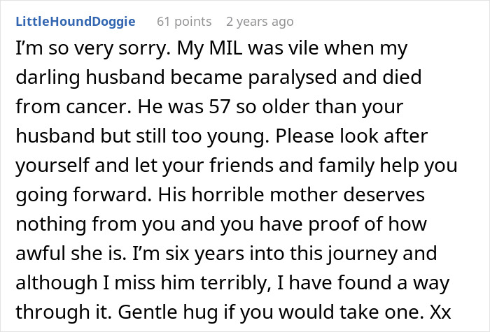 Comment expressing sympathy about a mother-in-law's hatred after losing her husband and coping with grief. - 26