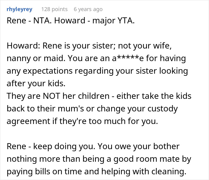 Screenshot of a Reddit comment discussing a guy accusing his sister of refusing childcare duties for his kids.