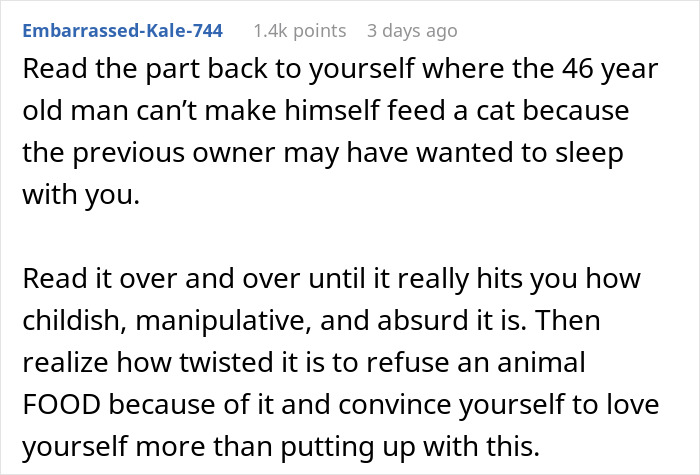 Screenshot of a Reddit comment discussing a man fussing over his girlfriend being given a cat by another man. Screenshot of a Reddit comment discussing a man fussing over his girlfriend being given a cat by another man.