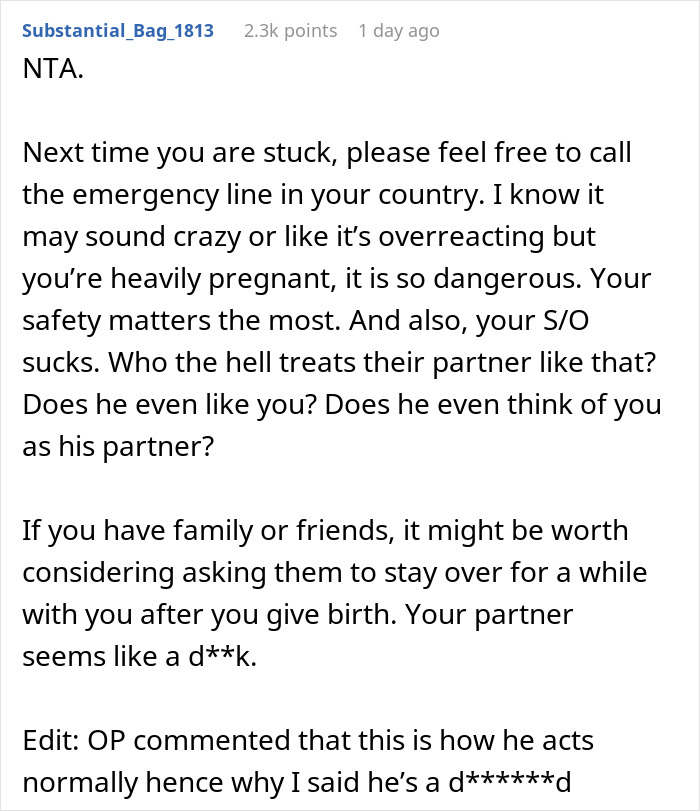 Alt text: Text discussing a heavily pregnant woman getting stuck and her partner&rsquo;s negative response to her call for help.