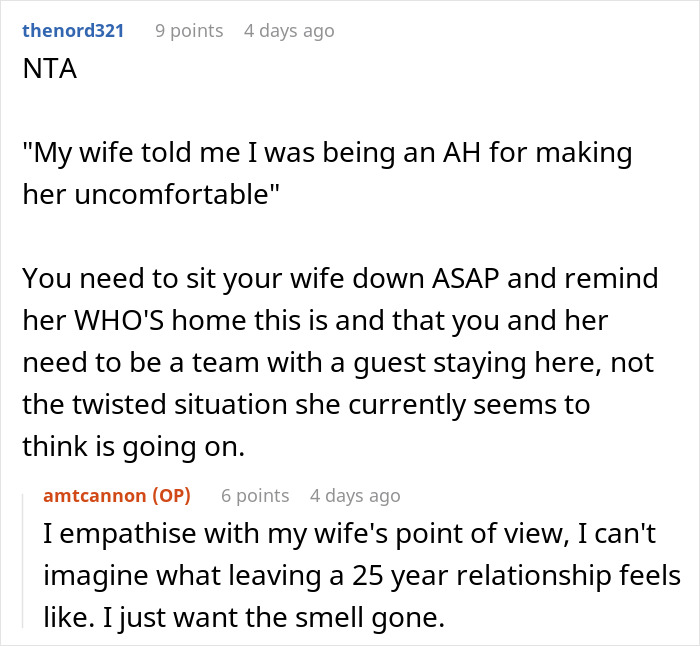 Comment discussing a family hosting a divorcing friend and the issue with nasty scents in the home.