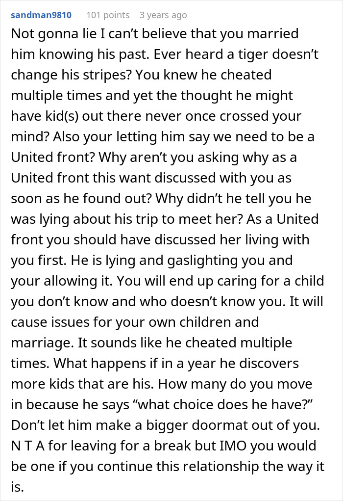 Reddit comment discussing a man promising quiet life with two kids but surprising wife with a bonus stepdaughter at home.