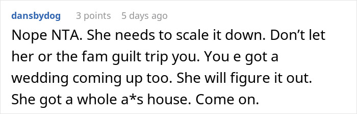 Screenshot of an online comment discussing a wedding dispute involving $15k inheritance and accusations of hoarding money. Screenshot of an online comment discussing a wedding dispute involving $15k inheritance and accusations of hoarding money.