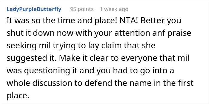 Screenshot of a forum comment discussing a woman correcting her mother-in-law who claimed she named the baby.