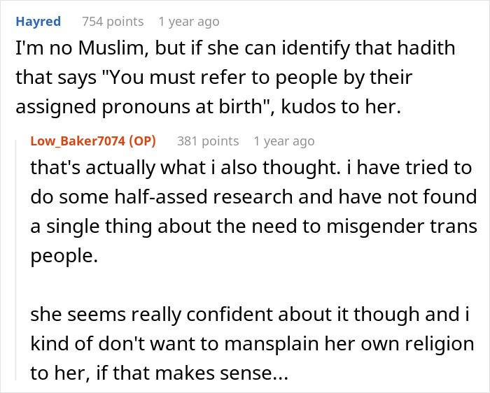 Online discussion about coworker misgenders Muslim religion focusing on pronouns and religious interpretation.