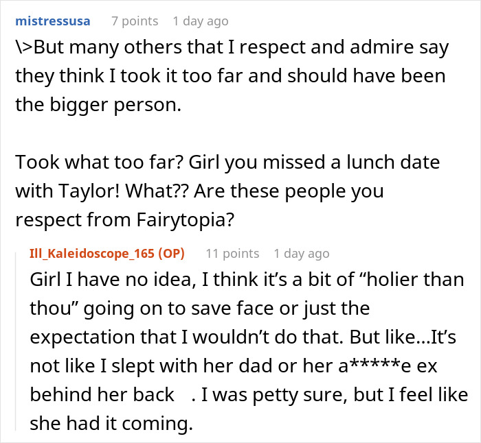 Screenshot of a conversation discussing giving an ex-best friend a taste of her own medicine after betrayal. - 27