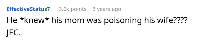 Screenshot of a Reddit comment expressing shock that a man&rsquo;s mom was poisoning his wife, contradicting his disbelief.