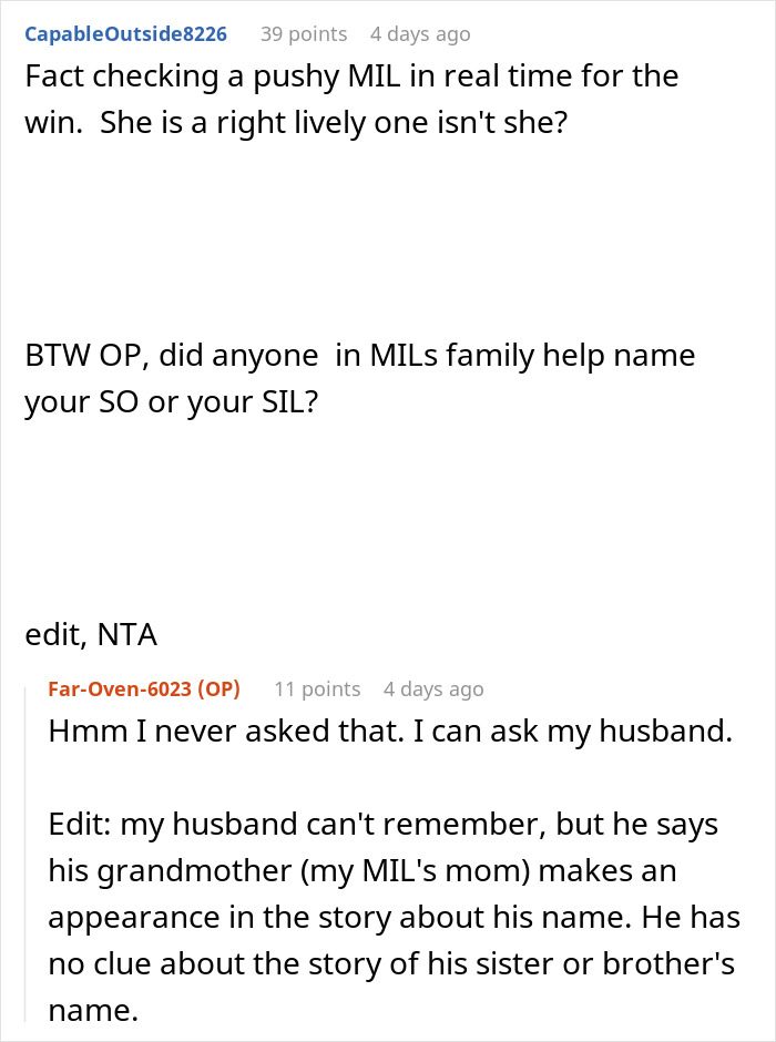 Woman correcting mother-in-law who claimed she named the baby in a family name dispute online discussion.