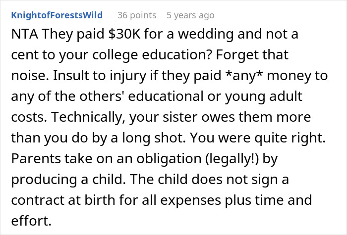 Screenshot of a Reddit comment defending a woman refusing to hand over her entire savings to parents claiming it&rsquo;s rightfully theirs.
