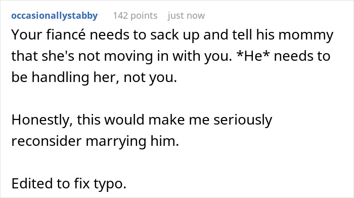 Commenter advises fianc&eacute; to set boundaries with future MIL&rsquo;s 'temporary' stay, highlighting woman&rsquo;s struggle before marriage begins.