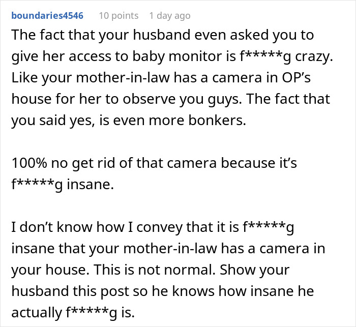 Comment discussing how a mom disables MIL&rsquo;s baby cam access after realizing she&rsquo;s always spying on her.
