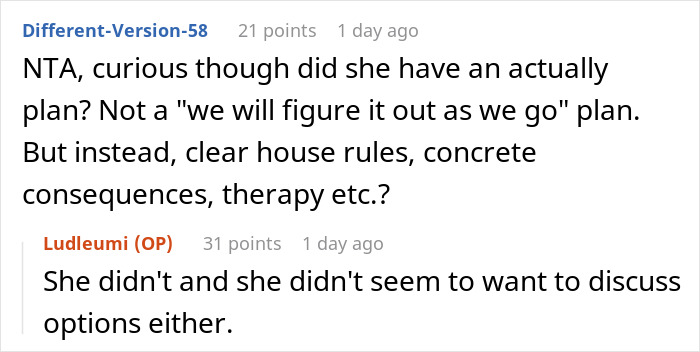 Reddit conversation about a man leaving marriage over refusing to let wife's daughter live with his kids.