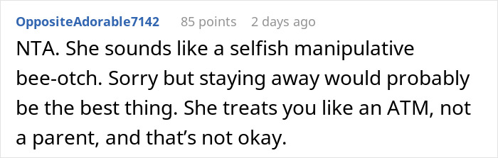 Screenshot of an online comment calling someone selfish and manipulative, advising to stay away like an ATM, not a parent.