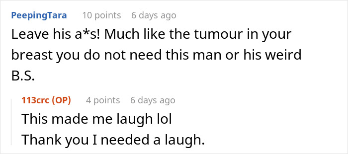 Screenshot of an online comment discussing a woman&rsquo;s surgery and a husband mocking her mispronunciation, causing her distress.