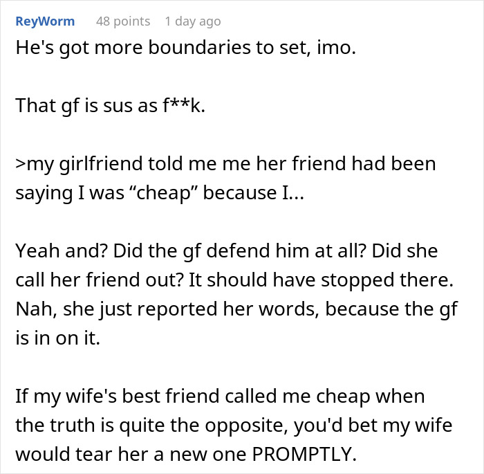 Comment discussing boundaries and a woman using her friend's boyfriend as an ATM, with trust and loyalty issues.