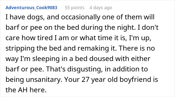 Reddit comment discussing a man who wets the bed and the issue being seen as not a big deal.