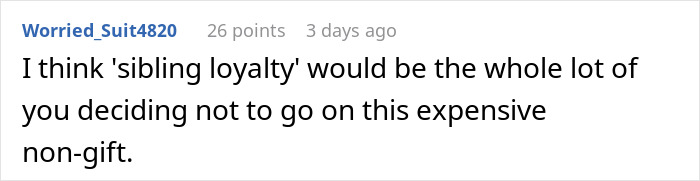 Screenshot of an online comment discussing a woman refusing to go on a Christmas gift trip if siblings pay for her flight.