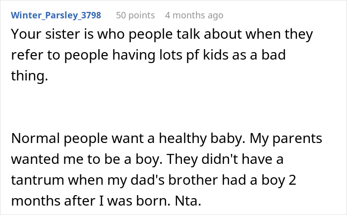 Screenshot of a Reddit comment discussing family expectations and having multiple boys in a sibling relationship. - 26